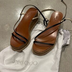 Jimmy Choo Black and Cream Wedge Sandals